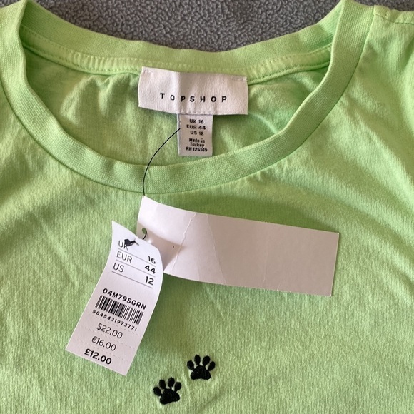 Topshop NWT Lime Green Embroidered Paw Print Motif Short Sleeve Shirt - Size 12 - Picture 5 of 7